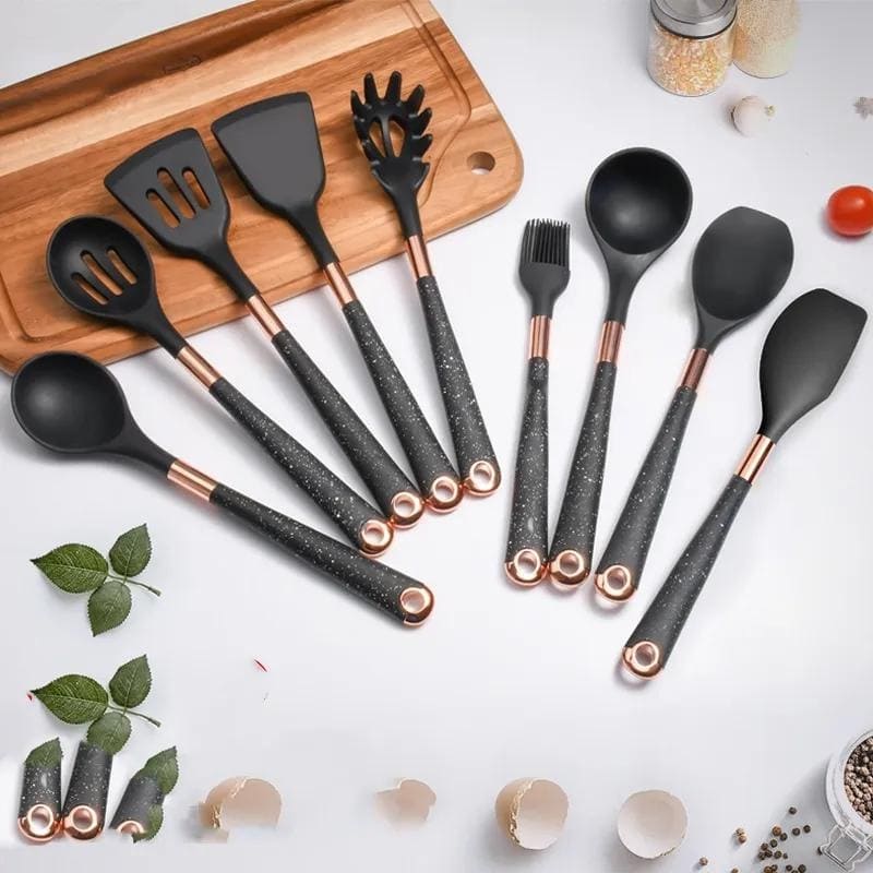 Ensemble d'ustensiles de cuisine en silicone de 10 pièces avec organiseur en rose